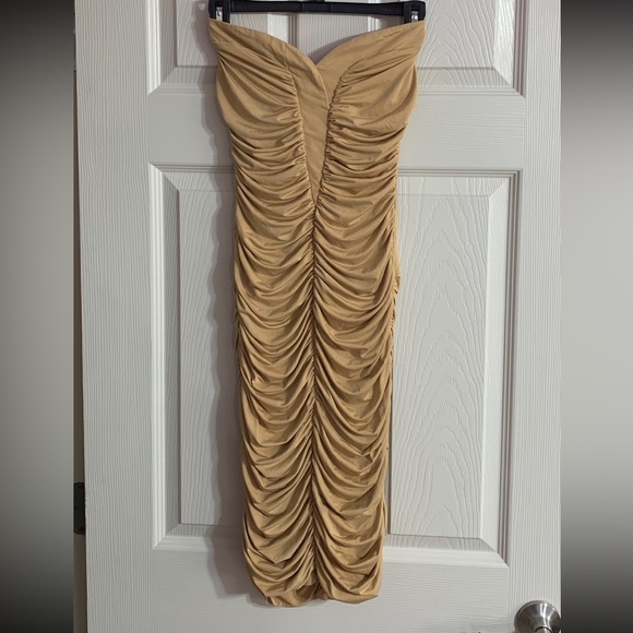 VTG Marciano Strapless Tan/Gold Bodycon Dress XS - Picture 2 of 8